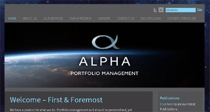 Alpha Financial Management homepage featuring financial services and client guidance